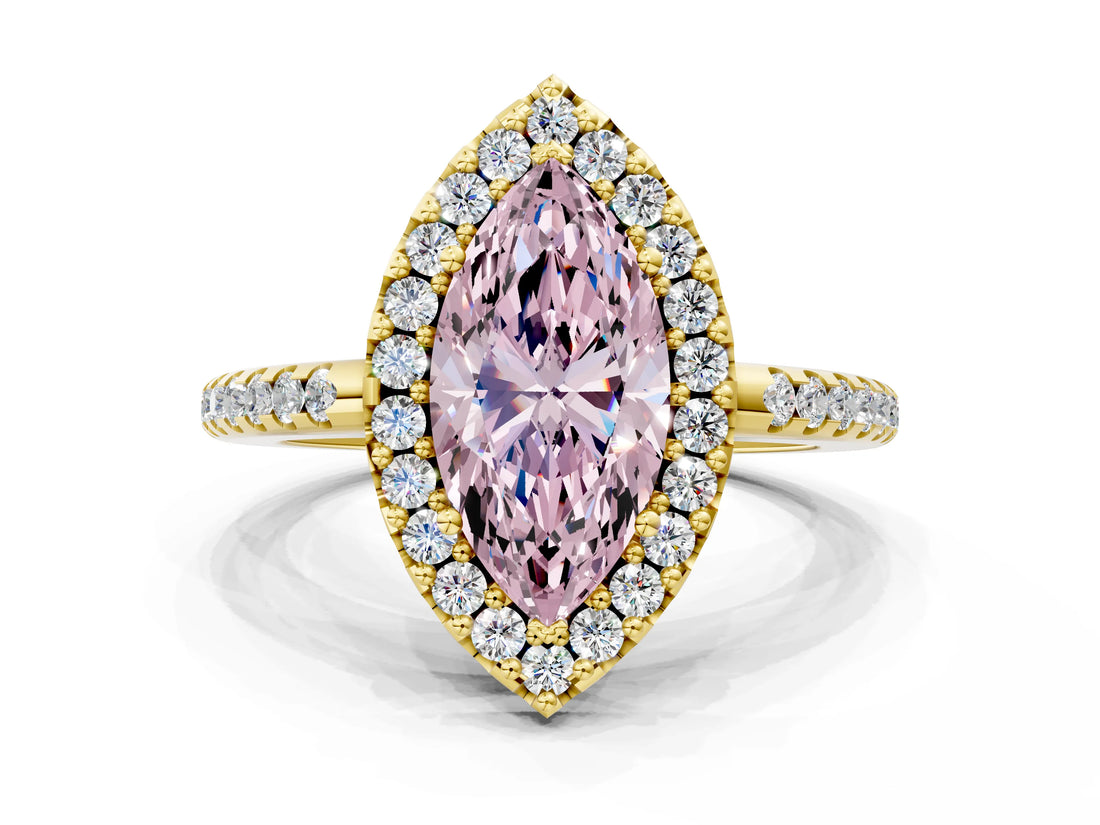Yellow gold Fancy Pink Marquise Cut Diamond Pavé Halo Ring with Four-Prong Setting_36