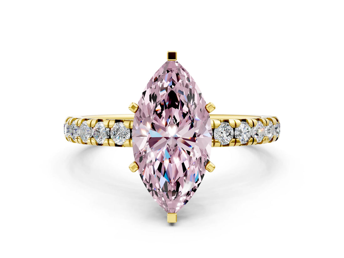 Yellow gold Fancy Pink Marquise Cut Diamond Pavé Solitaire Ring with Round Band and Prong Setting_12