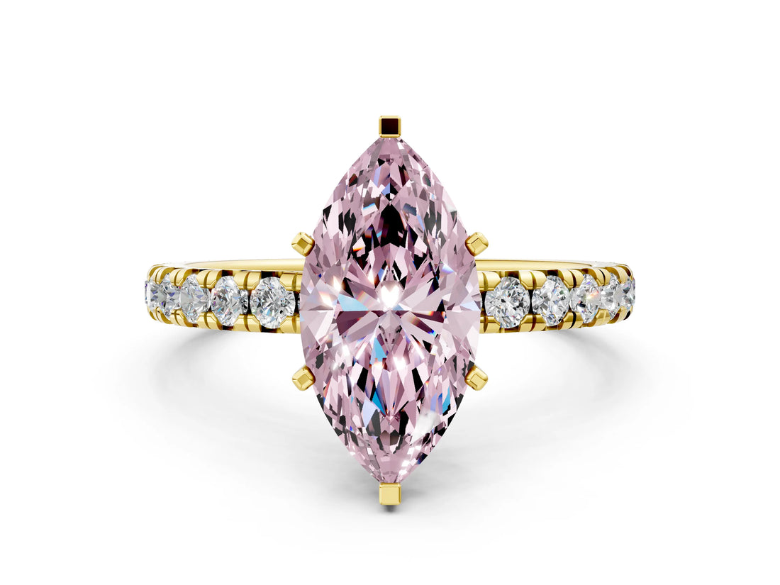 Yellow gold Fancy Pink Marquise Cut Diamond Pavé Solitaire Ring with Round Band and Prong Setting_24