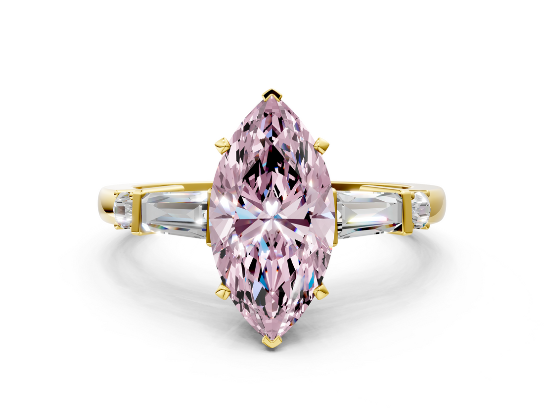 Yellow gold Fancy Pink Marquise  Cut Diamond Ring with Baguette Side Stones, Channel Set Band, and Four-Prong Setting_20