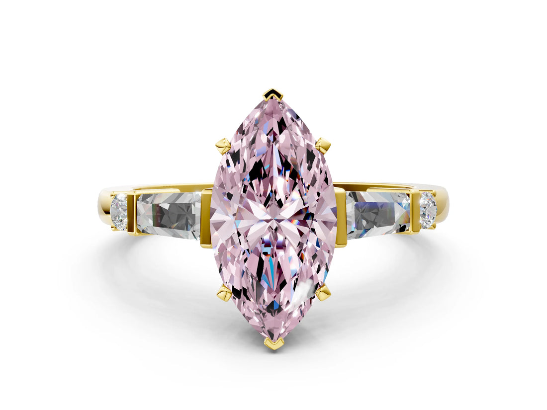 Yellow gold Fancy Pink Marquise  Cut Diamond Ring with Baguette Side Stones, Channel Set Band, and Four-Prong Setting_24