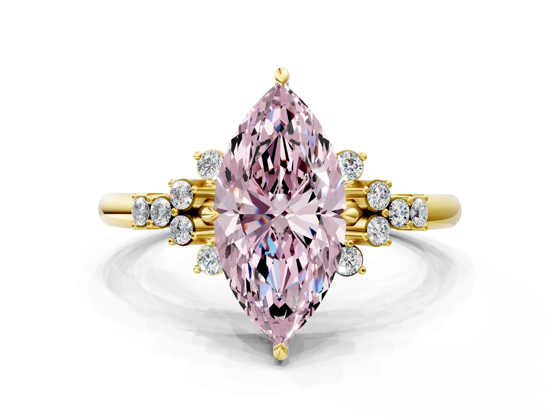 Yellow gold Fancy Pink Marquise Cut Diamond Ring with Side Stones and Four-Prong Setting_78