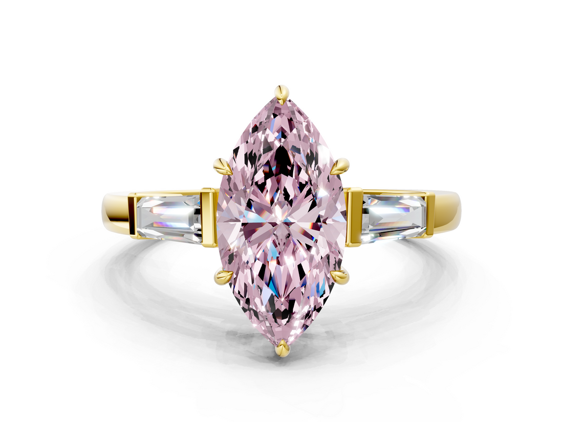Yellow gold Fancy Pink Marquise  Cut Diamond Ring with Tapered Baguette Side Stones in Four-Prong Setting_3