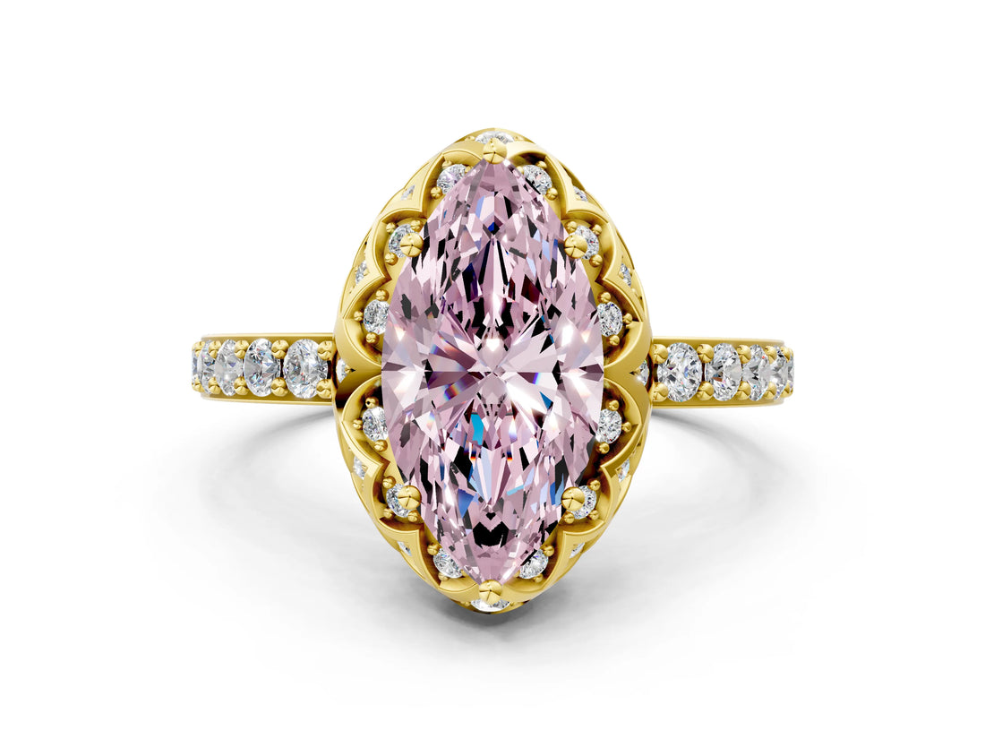 Yellow gold Fancy Pink Marquise Cut Diamond Scalloped Halo Engagement Ring with Round Shared Prong Band_12