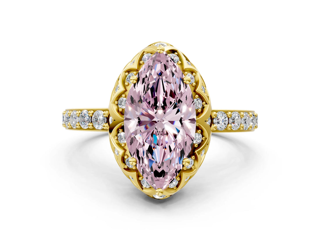 Yellow gold Fancy Pink Marquise Cut Diamond Scalloped Halo Engagement Ring with Round Shared Prong Band_24