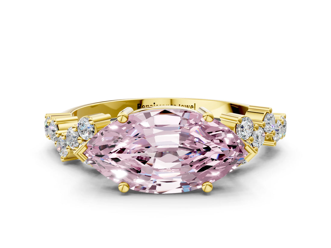Yellow gold Fancy Pink Marquise Cut Diamond Scattered Round Accent Ring with Prong Setting_13