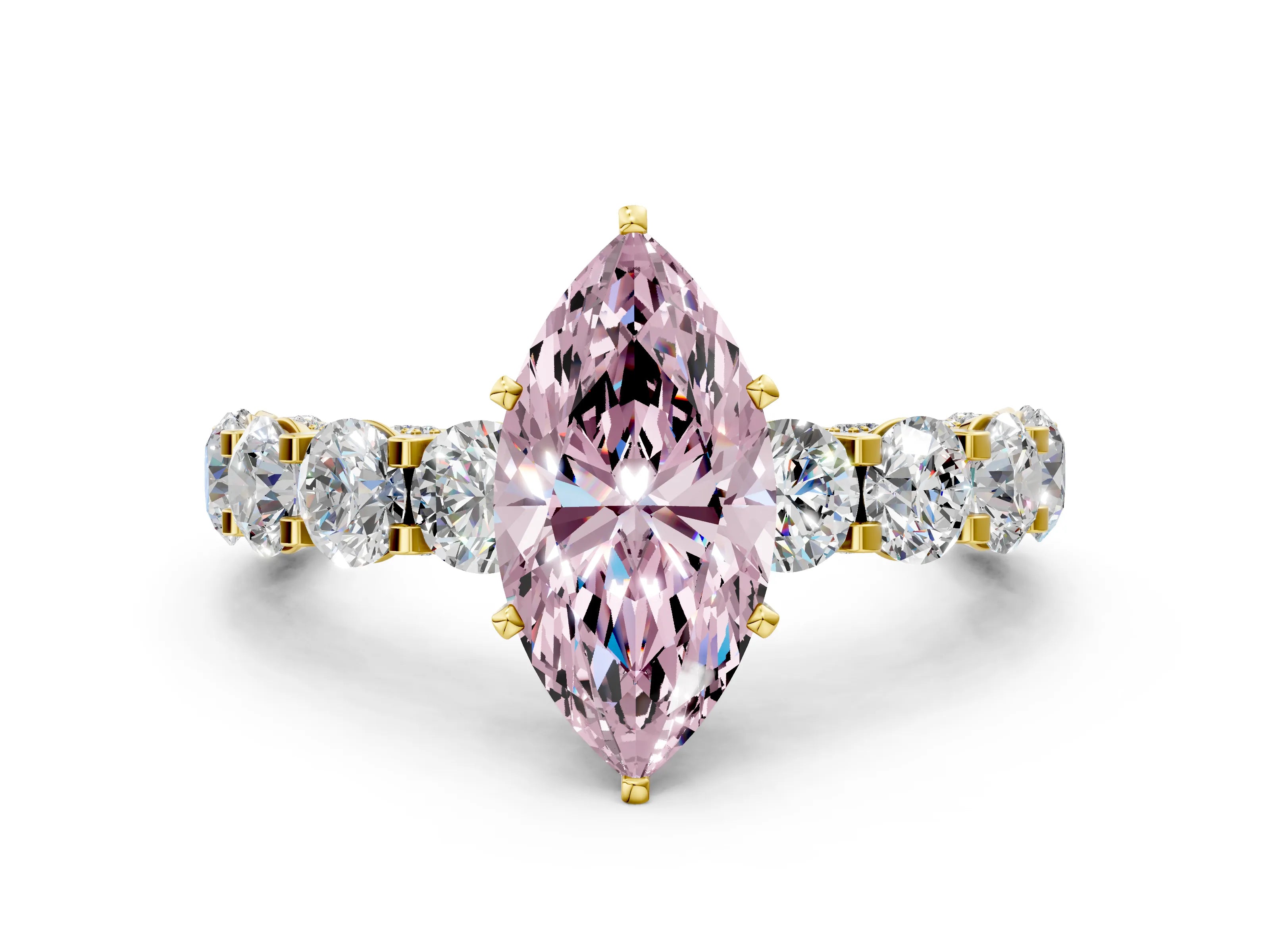 Yellow gold Fancy Pink Marquise Cut Diamond Side Stone Engagement Ring with Four-Prong Setting_48