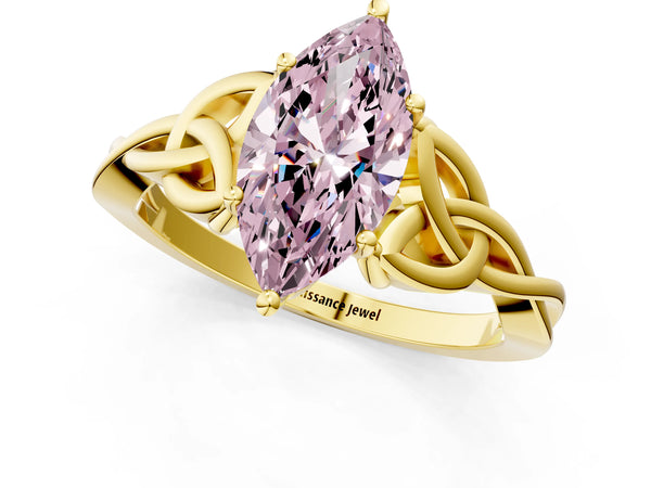 Yellow gold Fancy Pink Marquise Cut Diamond Solitaire Celtic Knot Ring with Four-Prong Setting
