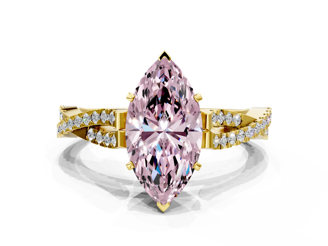 Yellow gold Fancy Pink Marquise Cut Diamond Solitaire Engagement Ring with Twisted Pavé Band and Four-Prong Setting_44