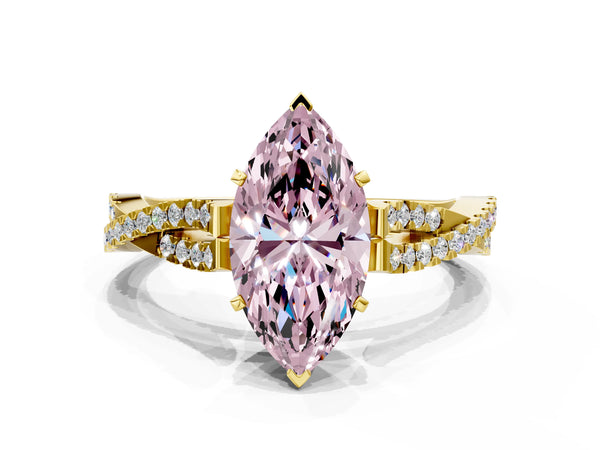 Yellow gold Fancy Pink Marquise Cut Diamond Solitaire Engagement Ring with Twisted Pavé Band and Four-Prong Setting