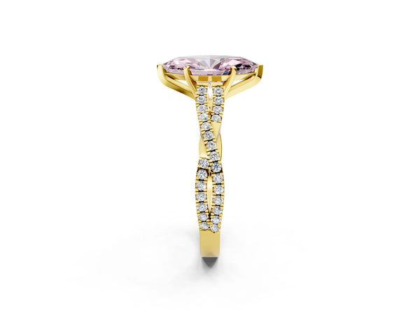 Yellow gold Fancy Pink Marquise Cut Diamond Solitaire Engagement Ring with Twisted Pavé Band and Four-Prong Setting