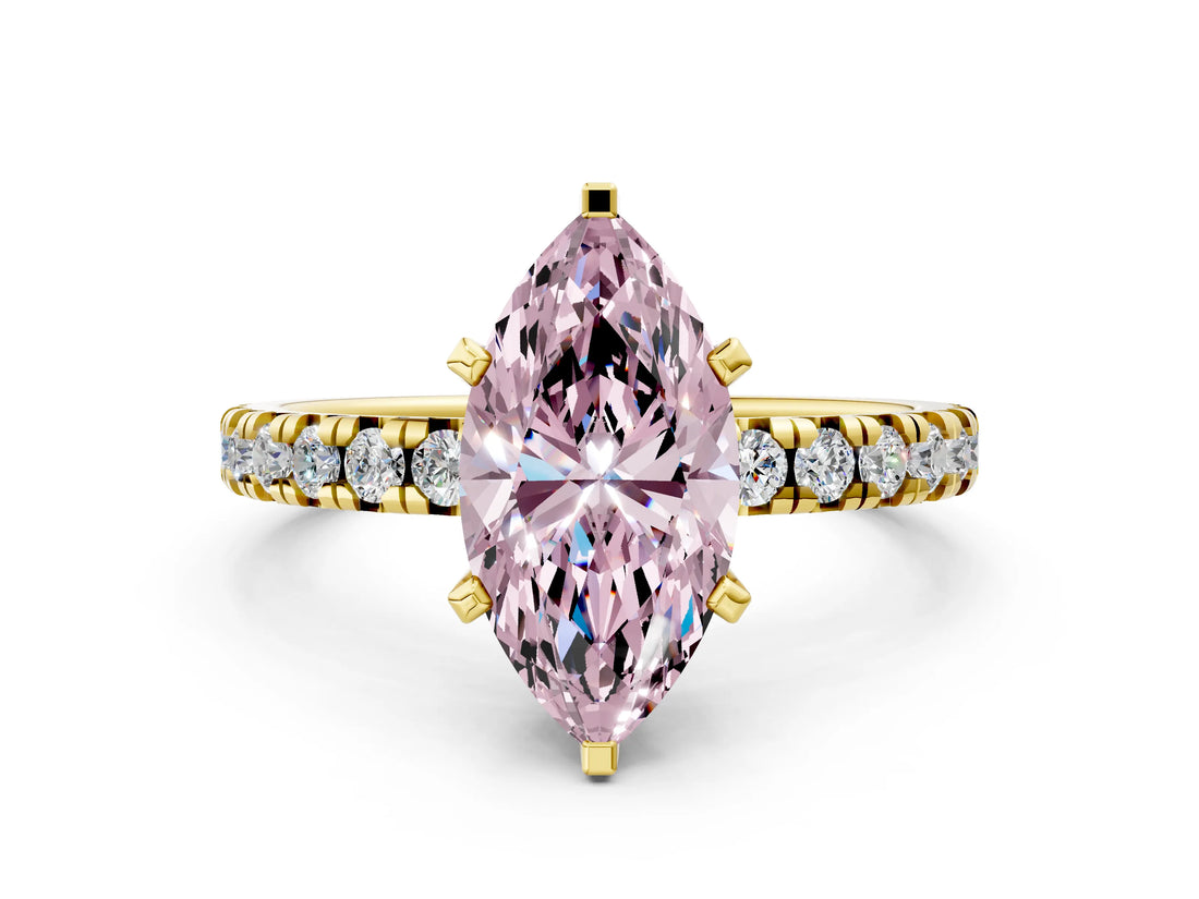 Yellow gold Fancy Pink Marquise Cut Diamond Solitaire Pavé Engagement Ring with Round Band and Prong Setting_42