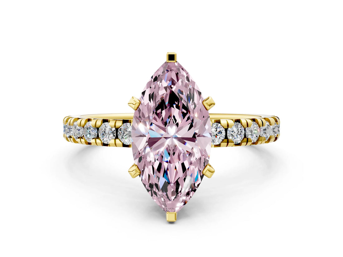 Yellow gold Fancy Pink Marquise Cut Diamond Solitaire Pavé Engagement Ring with Round Band and Prong Setting_78