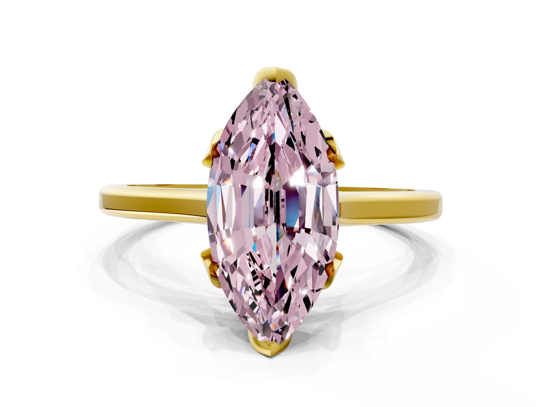 Yellow gold Fancy Pink Marquise Cut Diamond Solitaire Ring with Flower Prong Setting and Classic Band_36