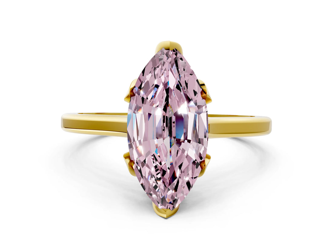 Yellow gold Fancy Pink Marquise Cut Diamond Solitaire Ring with Flower Prong Setting and Classic Band_44