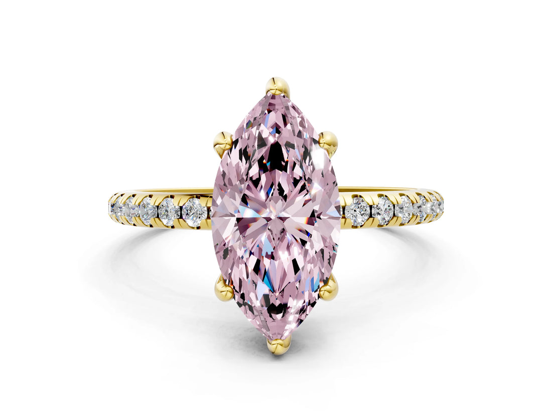 Yellow gold Fancy Pink Marquise Cut Diamond Solitaire Ring with Four-Prong Setting and Pavé Band_3