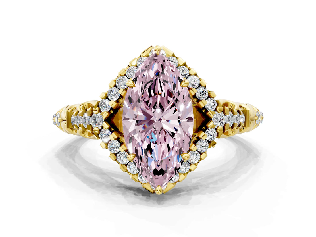 Yellow gold Fancy Pink Marquise Cut Diamond Solitaire Ring with Hidden Halo and Pavé Band_27
