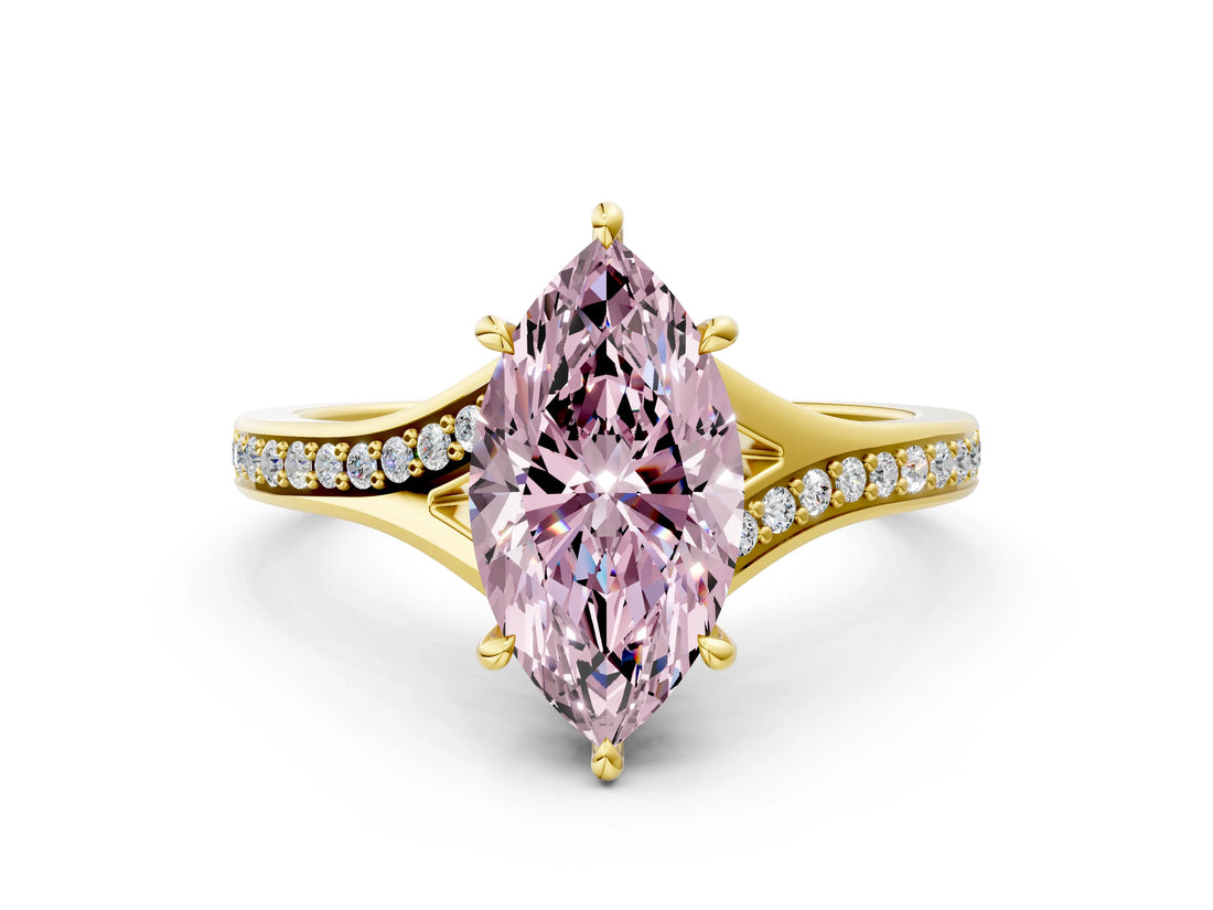 Yellow gold Fancy Pink Marquise Cut Diamond Solitaire Ring with Pavé Band and Prong Setting_12