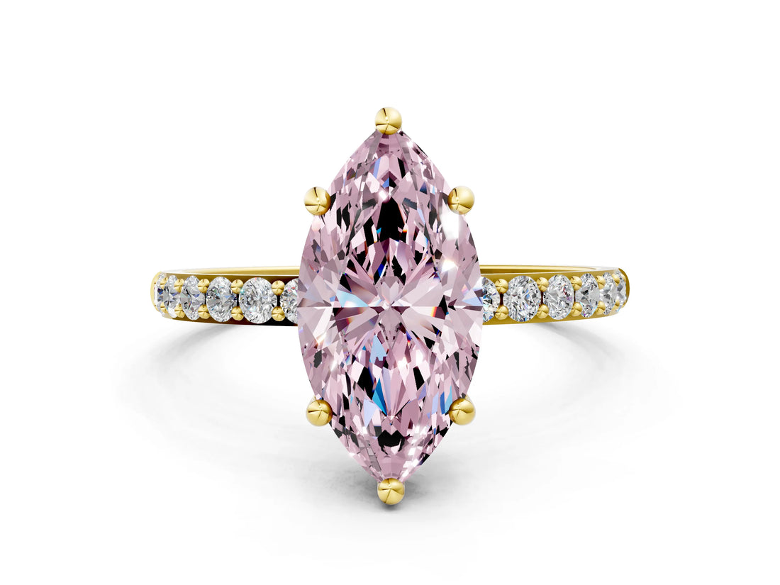 Yellow gold Fancy Pink Marquise Cut Diamond Solitaire Ring with Pave Band and Four Prong Setting_109