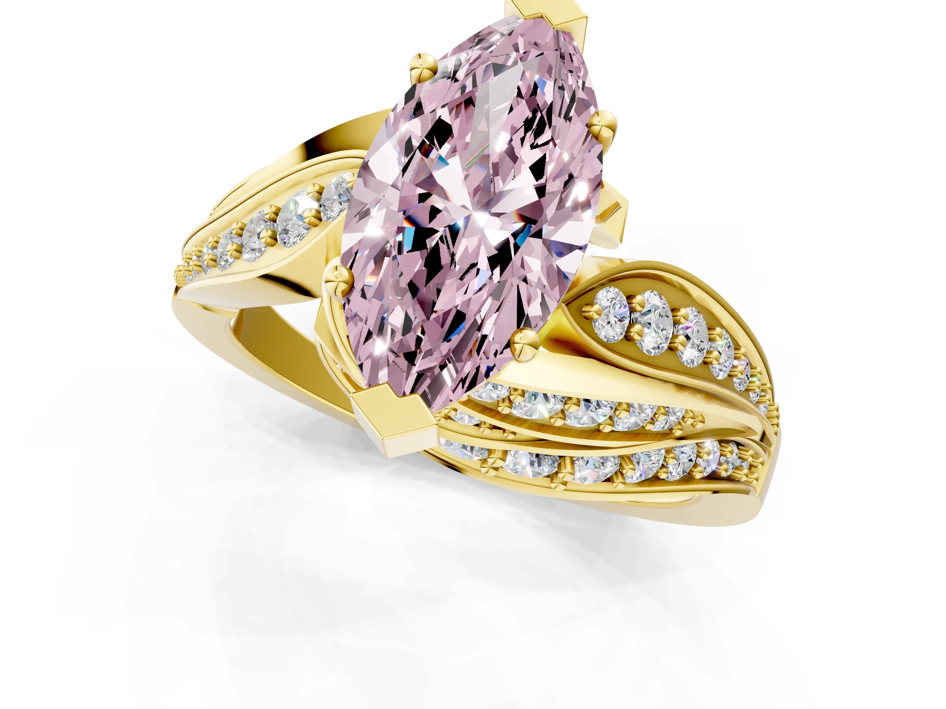 Yellow gold Fancy Pink Marquise Cut Diamond Solitaire Ring with Prong Setting and Twisted Pavé Band_1