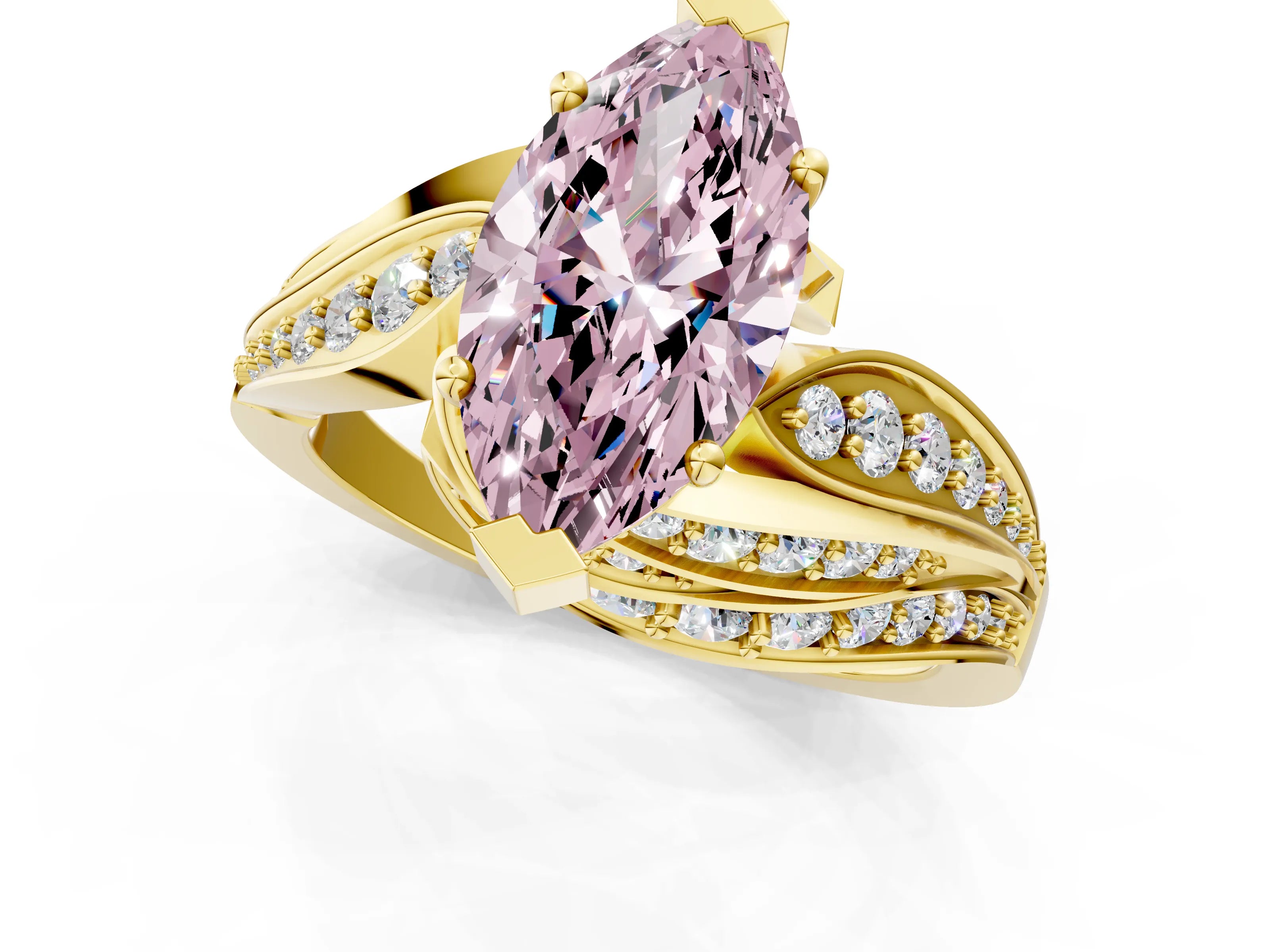 Yellow gold Fancy Pink Marquise Cut Diamond Solitaire Ring with Prong Setting and Twisted Pavé Band_13