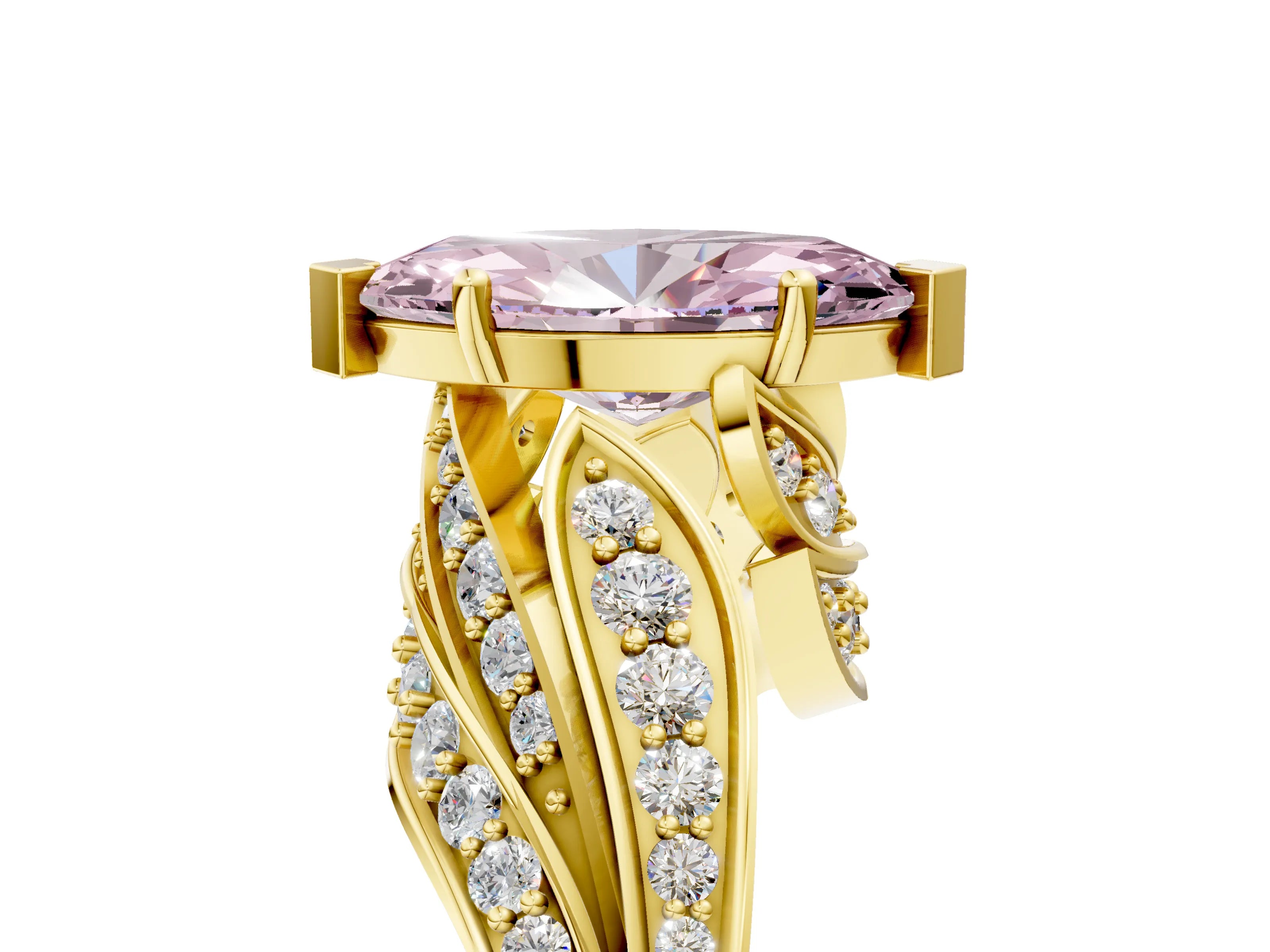 Yellow gold Fancy Pink Marquise Cut Diamond Solitaire Ring with Prong Setting and Twisted Pavé Band_17