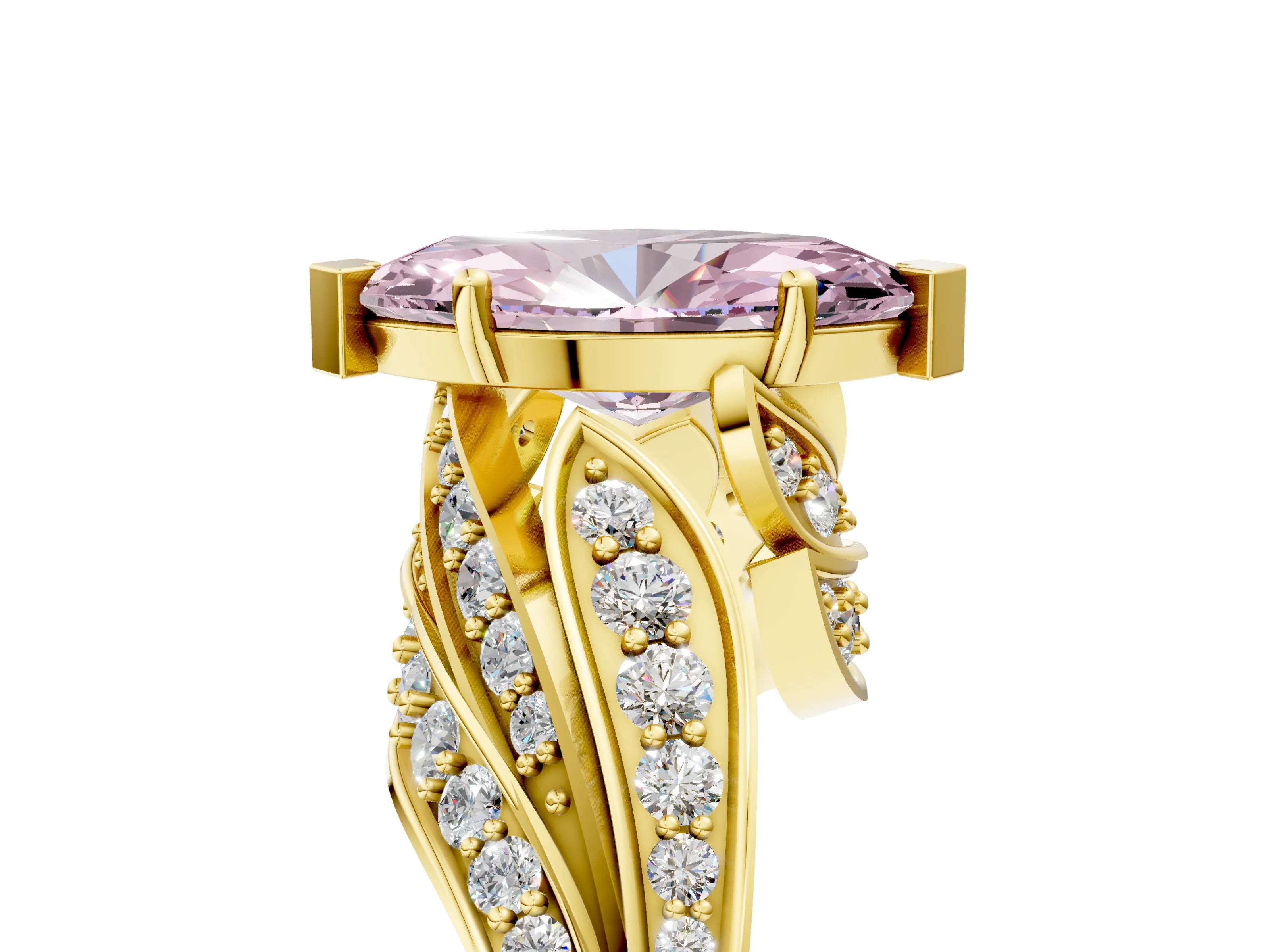 Yellow gold Fancy Pink Marquise Cut Diamond Solitaire Ring with Prong Setting and Twisted Pavé Band_5
