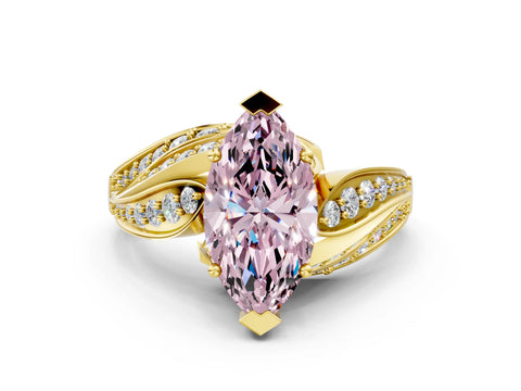 Yellow gold Fancy Pink Marquise Cut Diamond Solitaire Ring with Prong Setting and Twisted Pavé Band
