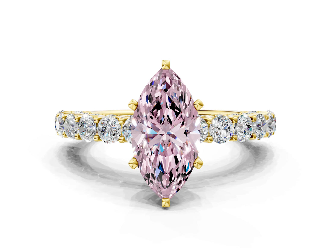 Yellow gold Fancy Pink Marquise Cut Diamond Solitaire Ring with Shared Prong Pavé Band and Four-Prong Setting_58