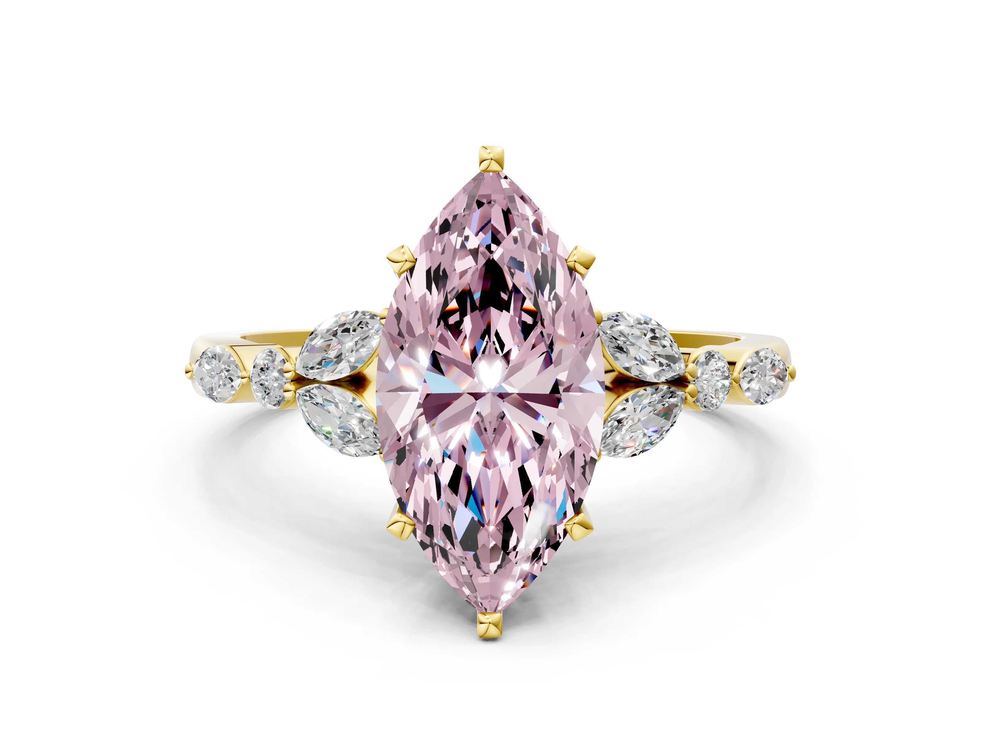 Yellow gold Fancy Pink Marquise Cut Diamond Solitaire Ring with Side Stones and Four-Prong Setting_49