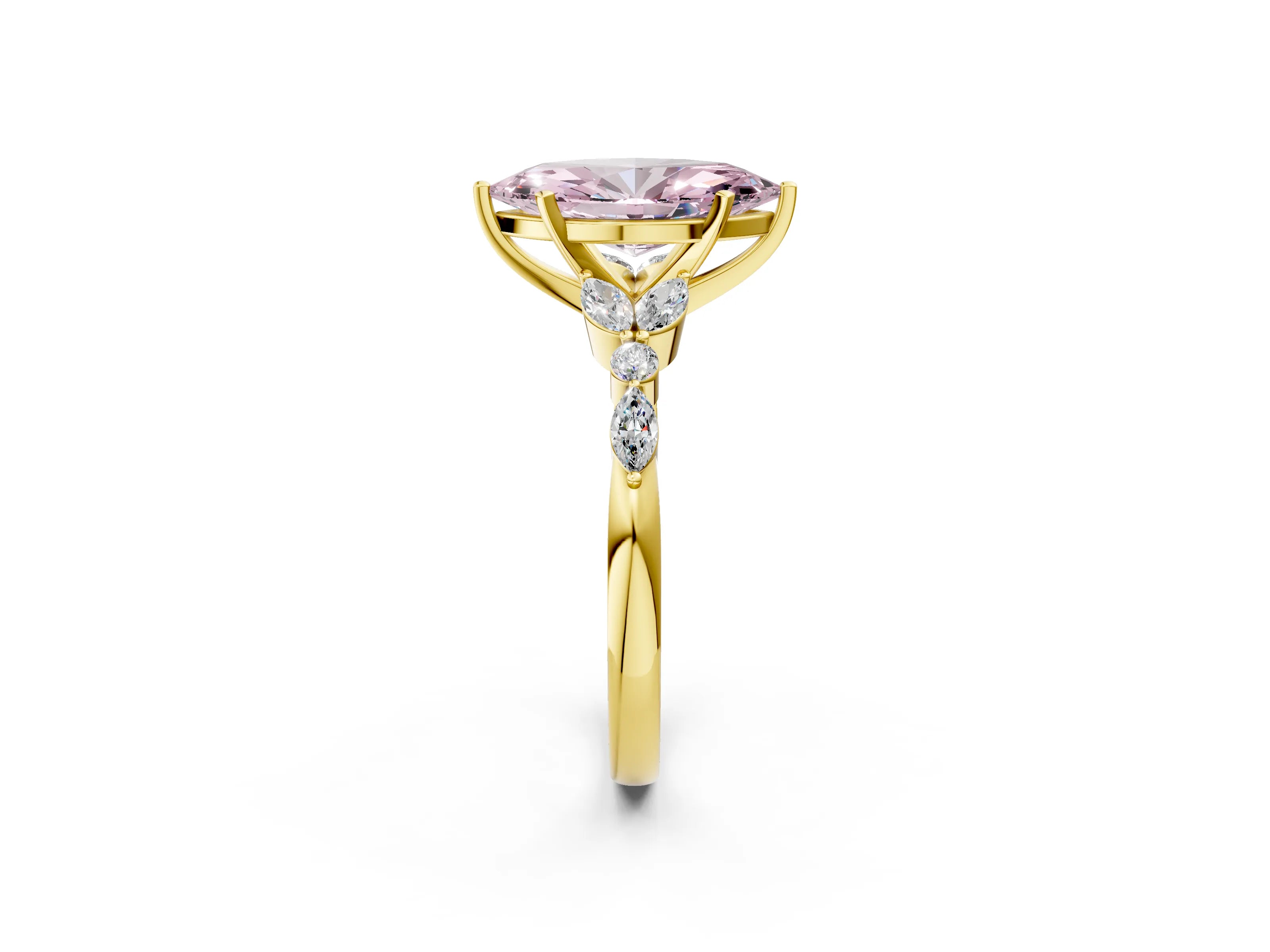 Yellow gold Fancy Pink Marquise Cut Diamond Solitaire Ring with Side Stones and Four-Prong Setting_51