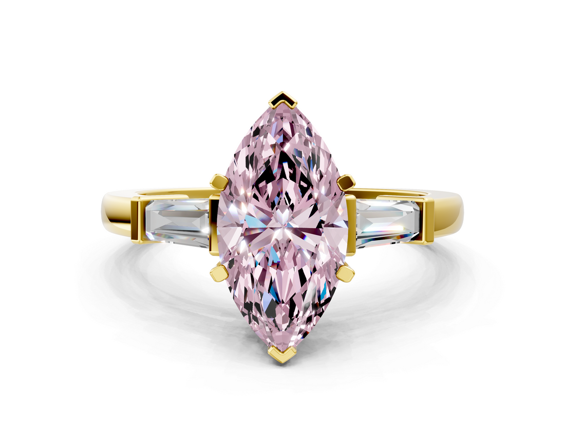 Yellow gold Fancy Pink Marquise  Cut Diamond Solitaire Ring with Tapered Baguette Accents and Four-Prong Setting_62