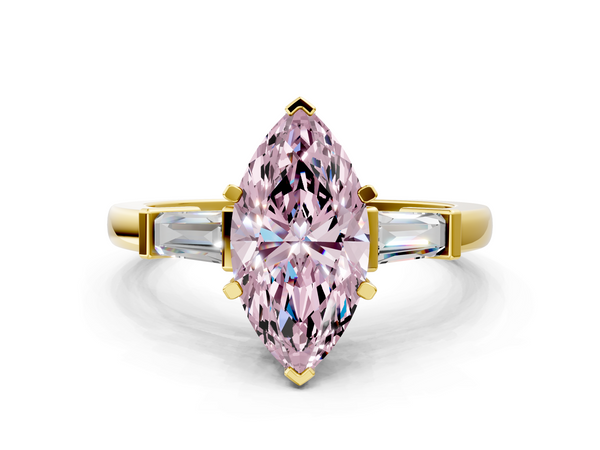 Yellow gold Fancy Pink Marquise  Cut Diamond Solitaire Ring with Tapered Baguette Accents and Four-Prong Setting