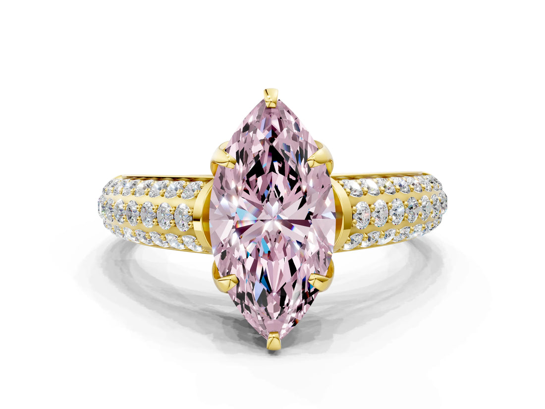 Yellow gold Fancy Pink Marquise Cut Diamond Solitaire Ring with Three-Row Pavé Band and Four-Prong Setting_36