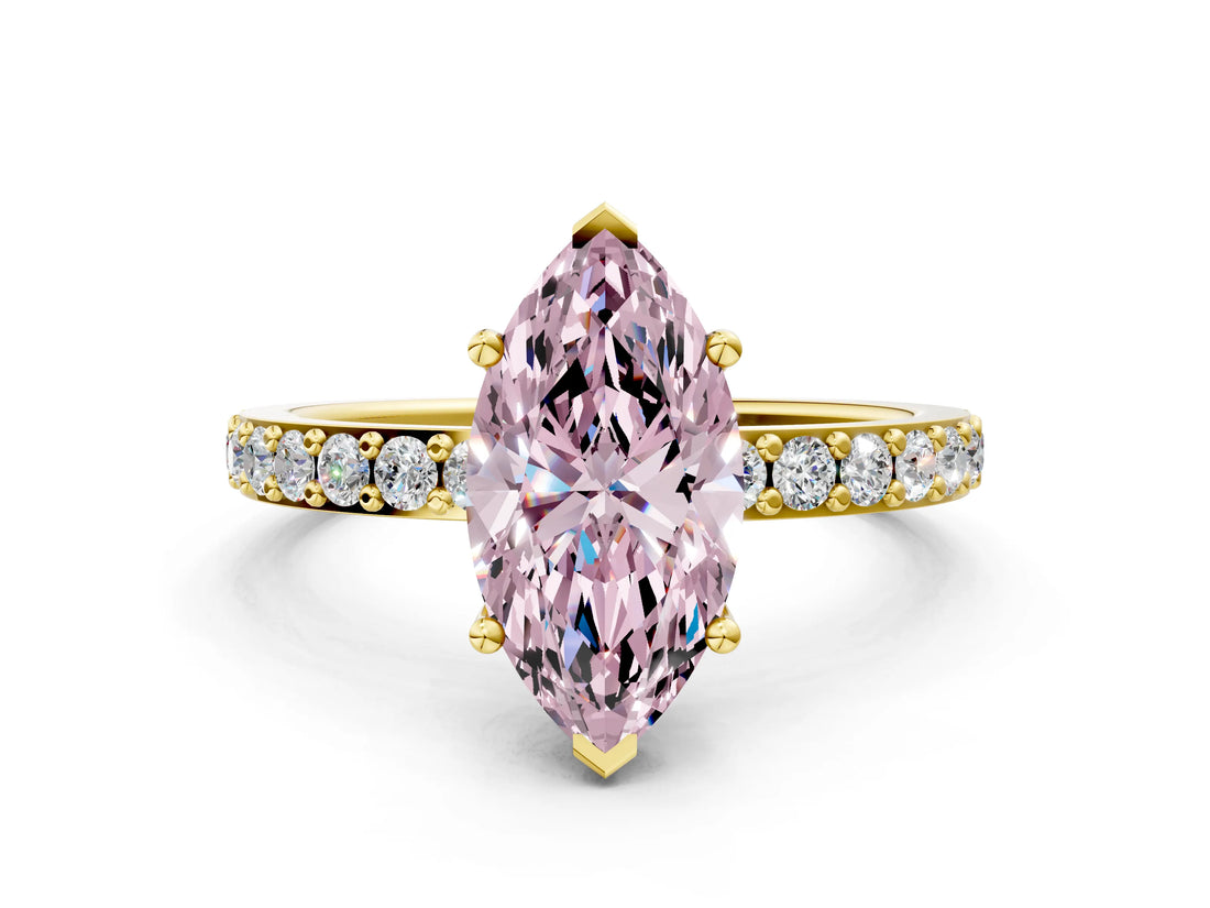 Yellow gold Fancy Pink Marquise  Cut Diamond Solitaire with Pave Band and Four-Prong Setting