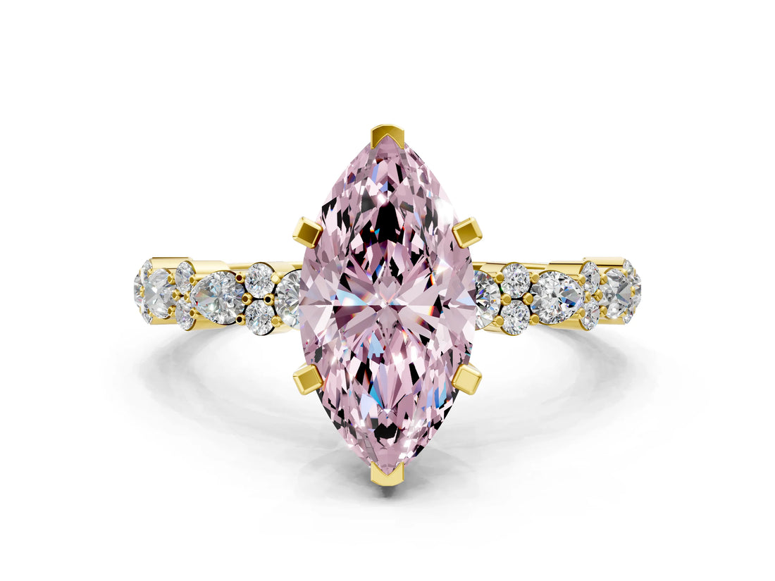 Yellow gold Fancy Pink Marquise Cut Diamond Solitaire with Side Stones, Pave Band, Four-Prong Setting_97