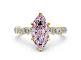 Yellow gold Fancy Pink Marquise Cut Diamond Solitaire with Side Stones, Pave Band, Four-Prong Setting_97