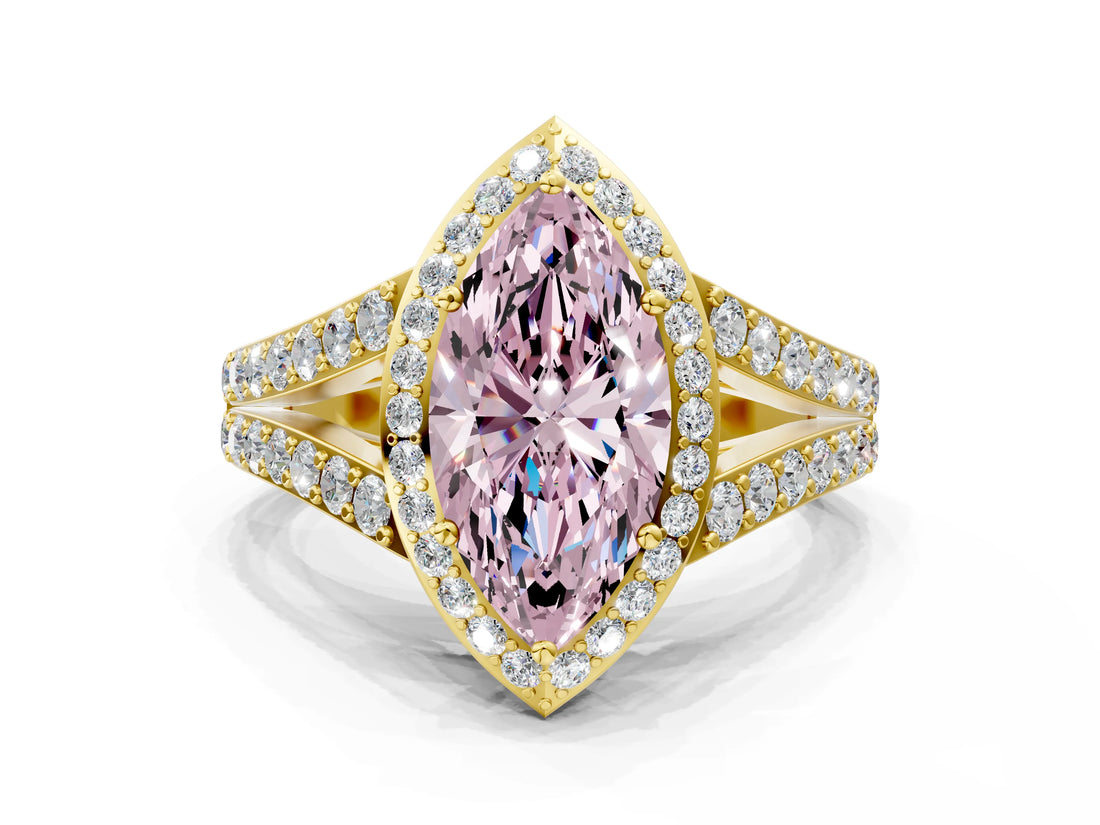 Yellow gold Fancy Pink Marquise Cut Diamond Split Shank Halo Ring with Four-Prong Setting_52