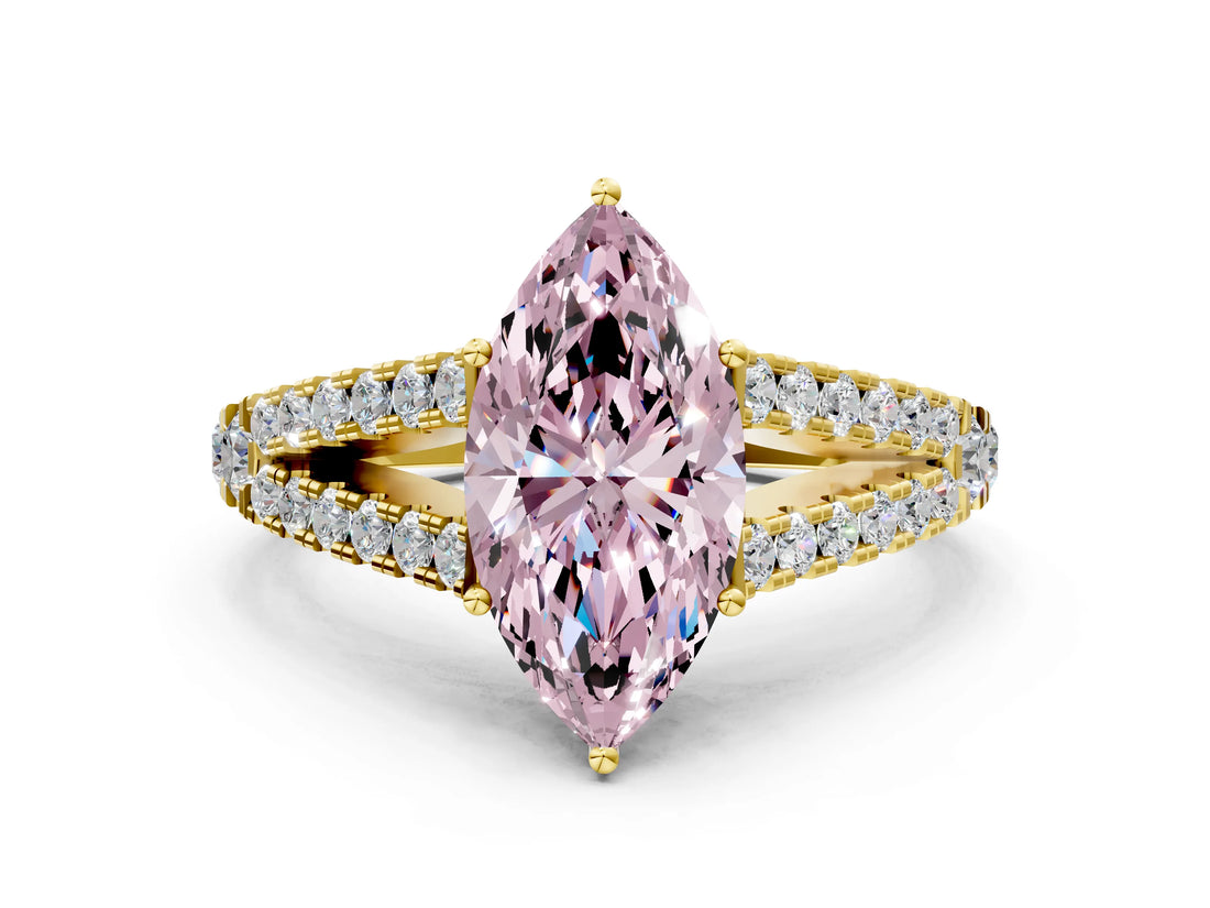Yellow gold Fancy Pink Marquise Cut Diamond Split Shank Pavé Engagement Ring with Four-Prong Setting_79