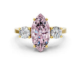 Yellow gold Fancy Pink Marquise Cut Diamond Three-Stone Engagement Ring with Prong Setting and Pavé Band