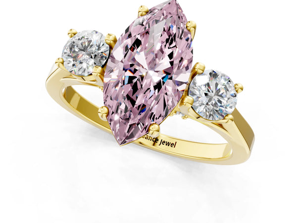 Yellow gold Fancy Pink Marquise Cut Diamond Three-Stone Engagement Ring with Prong Setting and Pavé Band