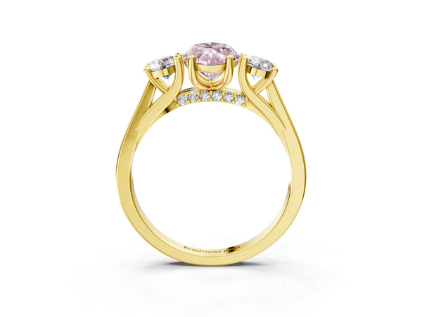 Yellow gold Fancy Pink Marquise Cut Diamond Three-Stone Engagement Ring with Prong Setting and Pavé Band