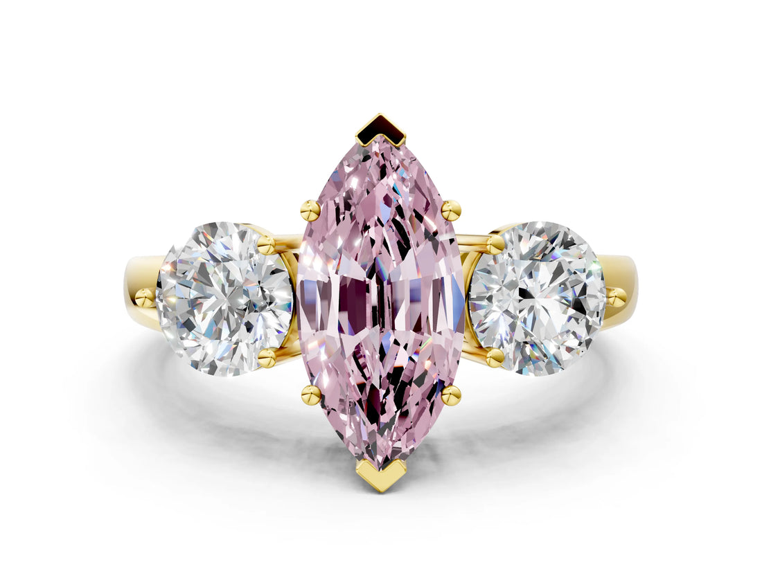 Yellow gold Fancy Pink Marquise Cut Diamond Three-Stone Ring with Prong Setting and Classic Band_103