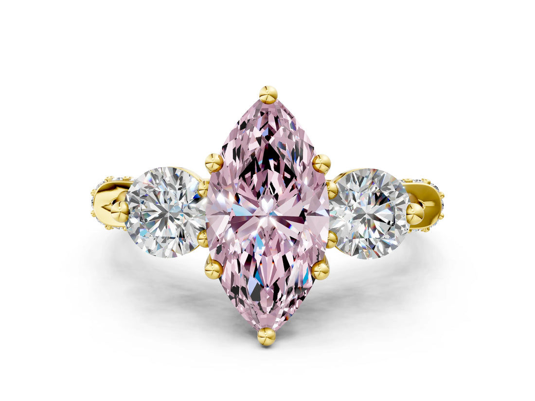 Yellow gold Fancy Pink Marquise Cut Diamond Three-Stone Ring with Prong Setting and Pavé Band