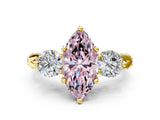 Yellow gold Fancy Pink Marquise Cut Diamond Three-Stone Ring with Prong Setting and Pavé Band