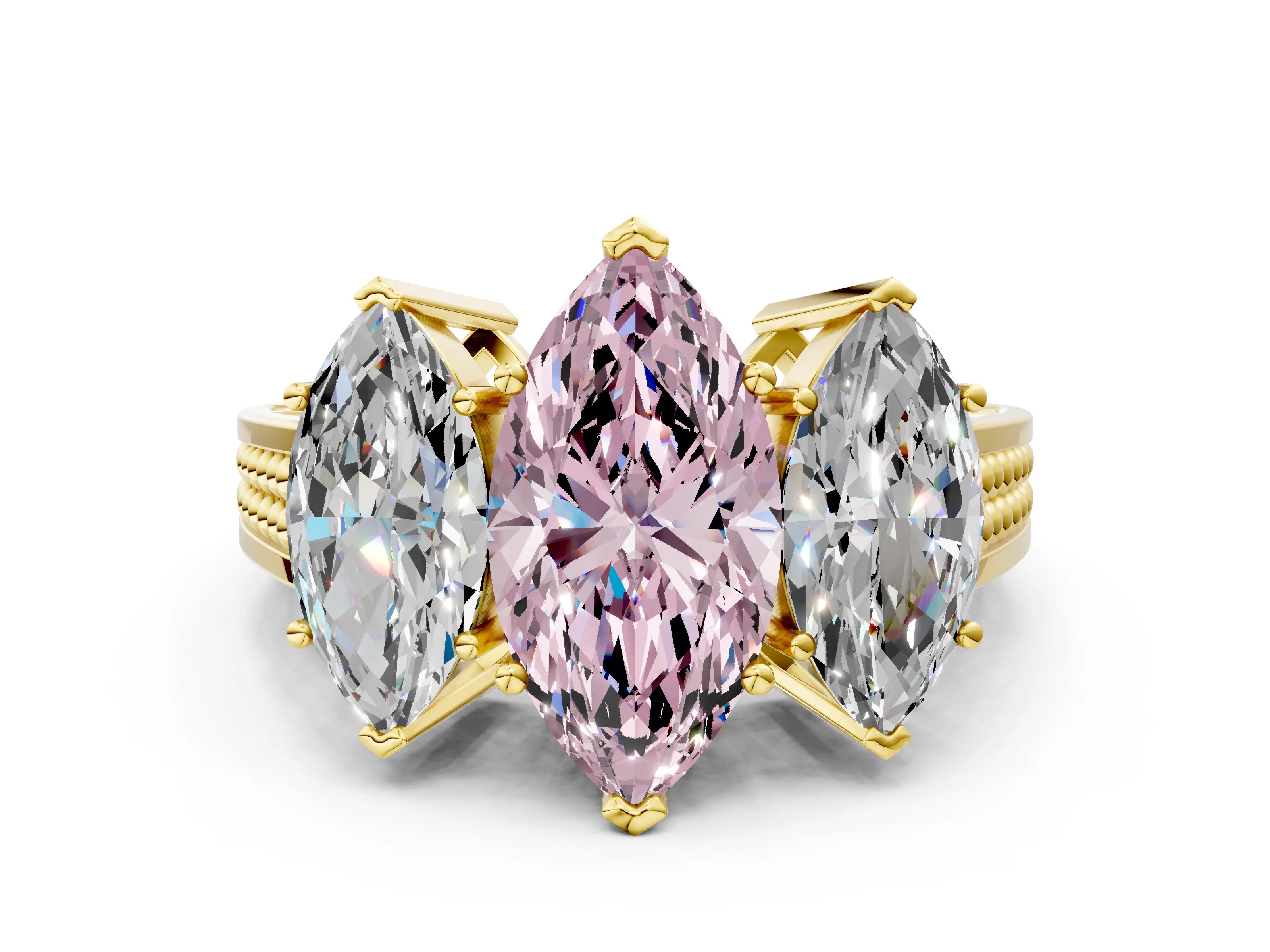 Yellow gold Fancy Pink Marquise Cut Diamond Three-Stone Ring with Prong Setting and Textured Band