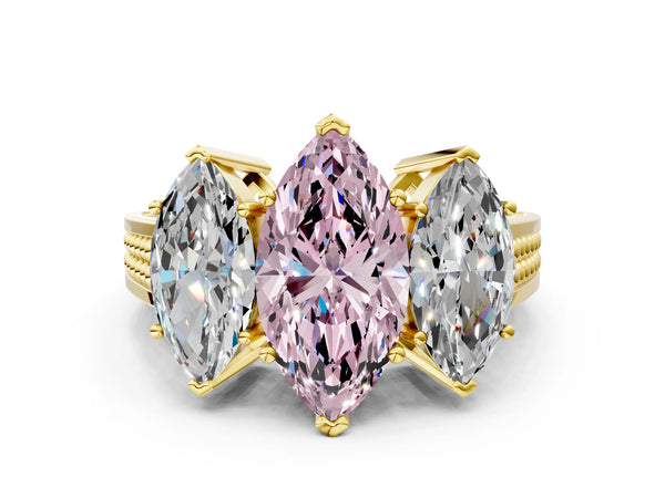 Yellow gold Fancy Pink Marquise Cut Diamond Three-Stone Ring with Prong Setting and Textured Band