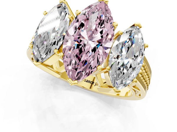 Yellow gold Fancy Pink Marquise Cut Diamond Three-Stone Ring with Prong Setting and Textured Band
