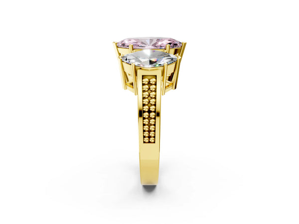 Yellow gold Fancy Pink Marquise Cut Diamond Three-Stone Ring with Prong Setting and Textured Band