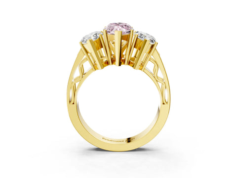 Yellow gold Fancy Pink Marquise Cut Diamond Three-Stone Ring with Prong Setting and Textured Band_3